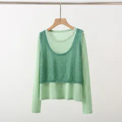 New Design Sense Stitching Fake Two-piece Knitted Sweaters Women - Green Stitching Dark Green - View 1