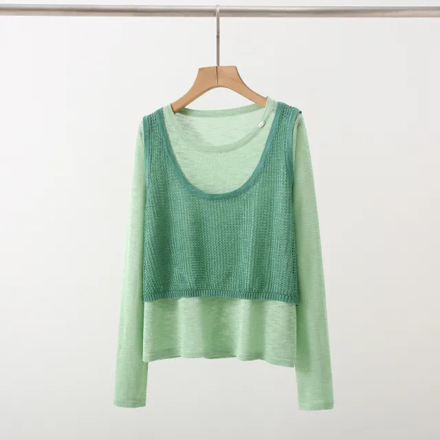 New Design Sense Stitching Fake Two piece Knitted Sweaters Women Green Stitching Dark Green - Shop at LoveMi