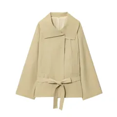 Long Sleeve Jacket With Belt Windbreaker Button Pleated Shorts Fashion Suit - Top - View 1