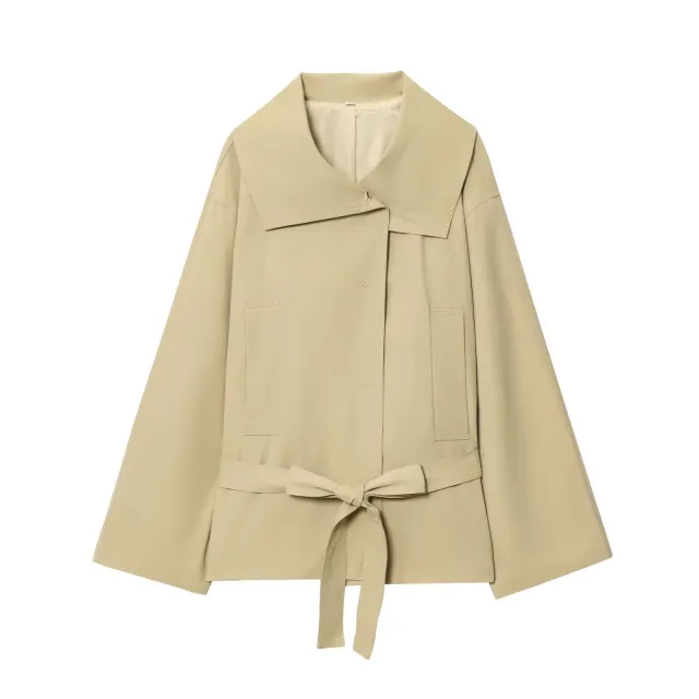 Long Sleeve Jacket With Belt Windbreaker Button Pleated Shorts Fashion Suit Top - Shop at LoveMi