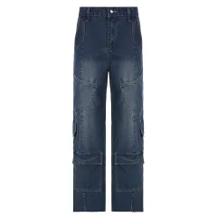 Women's Washed-out Vintage Dark Blue Denim Split Stitching Multi-pocket High Waist Straight All-matching Casual Pants - Blue - View 1