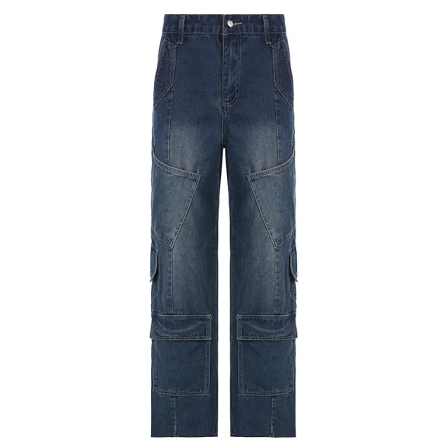 Women's Washed out Vintage Dark Blue Denim Split Stitching Multi pocket High Waist Straight All matching Casual Pants Blue - Shop at LoveMi