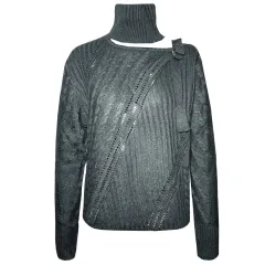 Halter Off-the-shoulder Metal Decorative Irregular Long Sleeve Sweater - Black - View 1