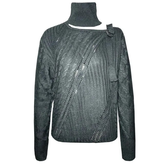 Halter Off the shoulder Metal Decorative Irregular Long Sleeve Sweater Black - Shop at LoveMi