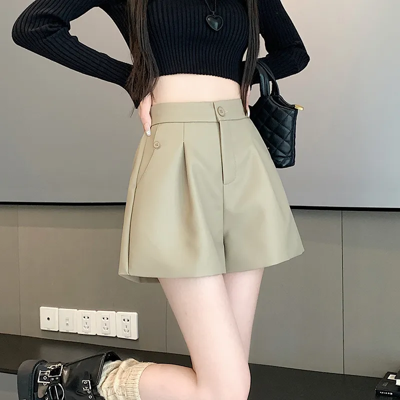 High Waist Casual Pants Brown Loose Wide-leg Leather Pants - Light Khaki
