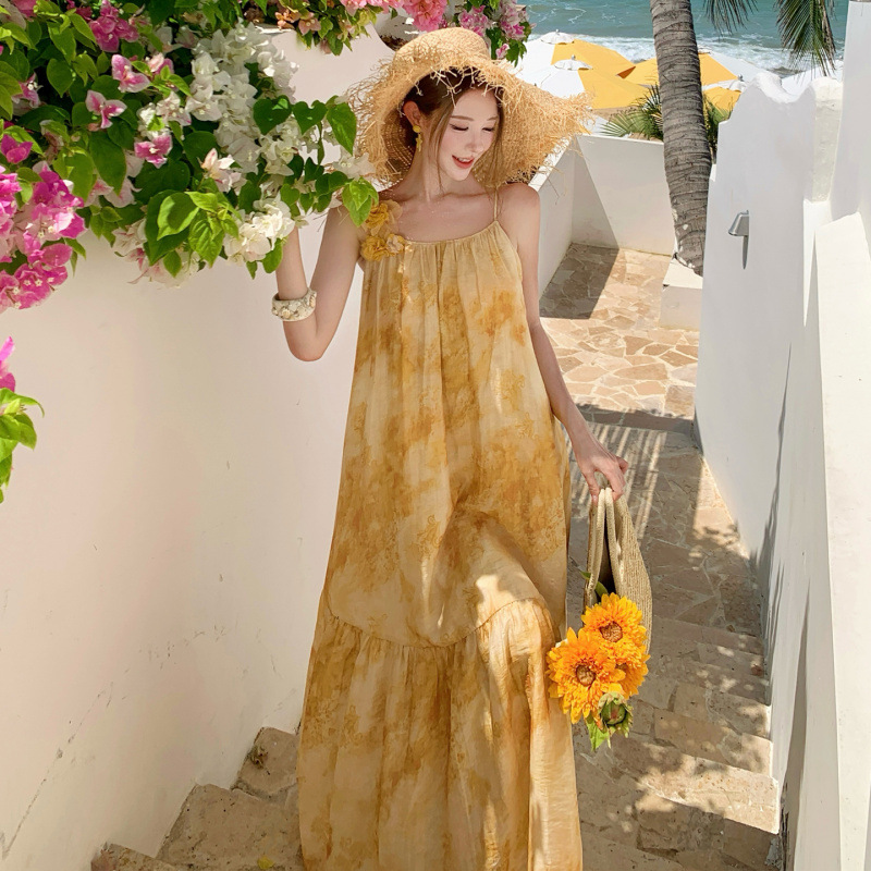 Orange-gold Gradient-printed U-neck Slip A-line Dress