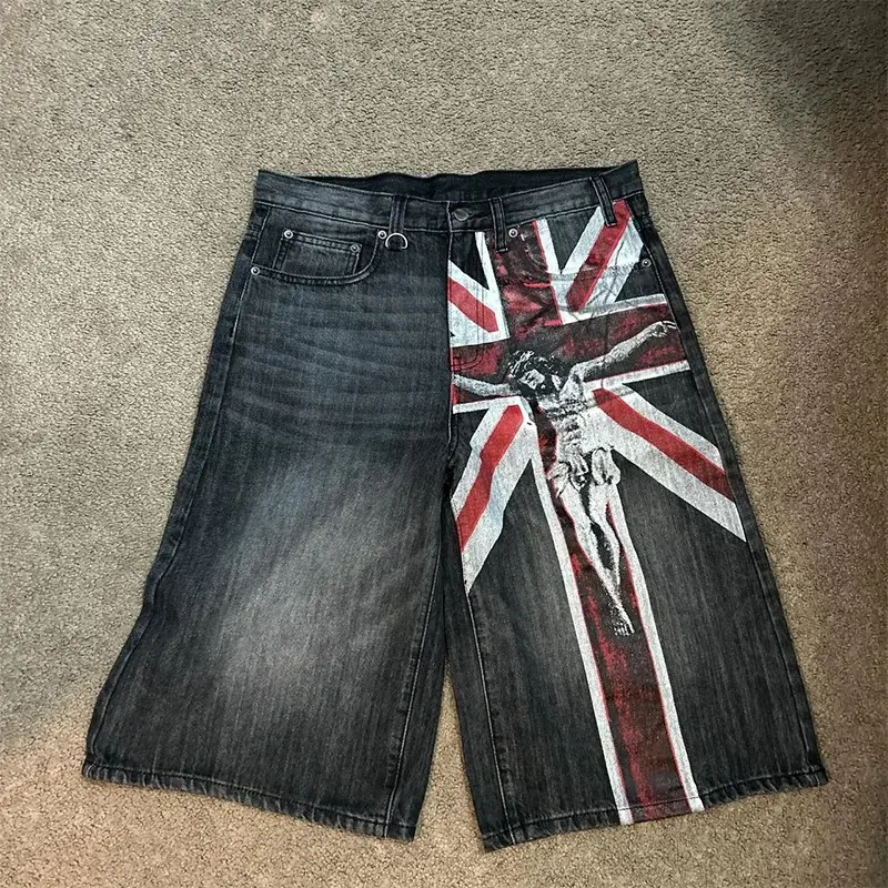 Flag Print Worn Looking Washed-out Baggy Denim