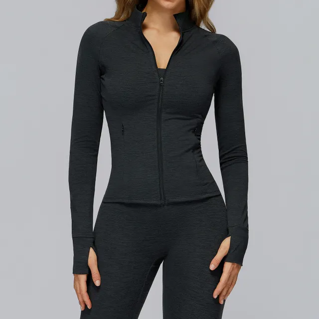 Brushed Long Sleeve Coat Zipper Pocket Quick drying Tight Sports Jacket Ink Black - Shop at LoveMi