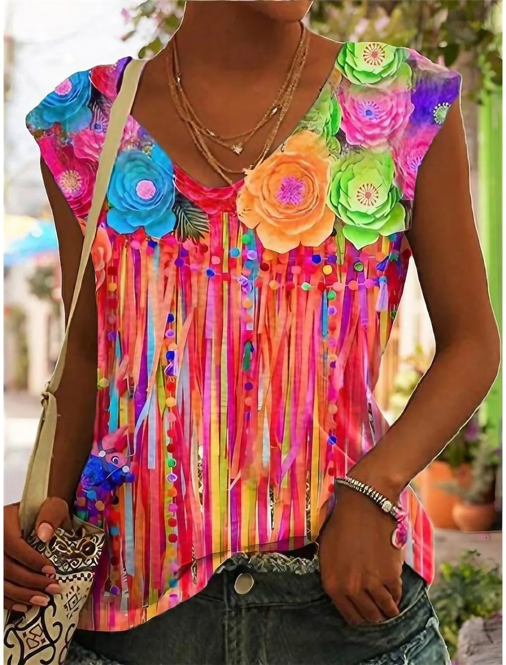 3D Digital Printing Basic Sleeveless V-neck Women's Vest Short Top - 1 C398