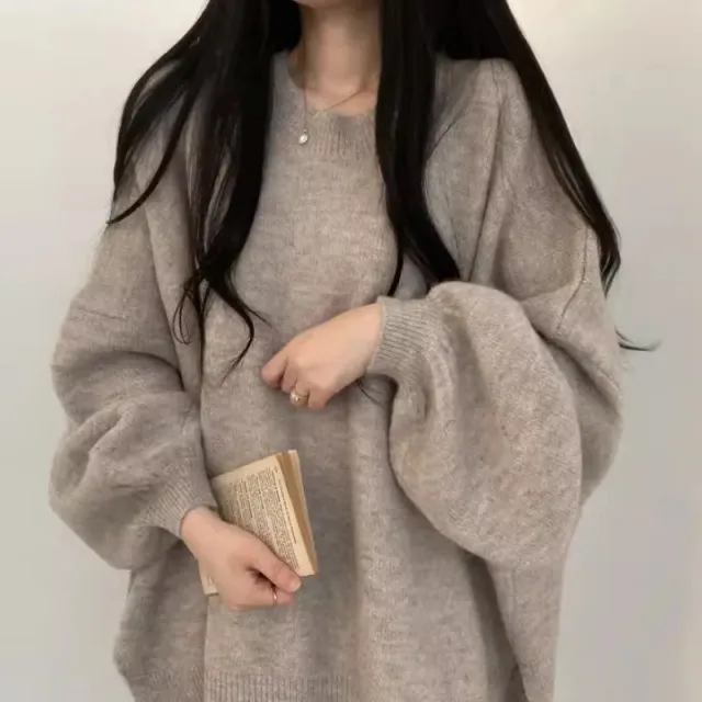 Round Neck Soft Glutinous Loose All match Side Slit Thermal Sweater For Women Khaki - Shop at LoveMi