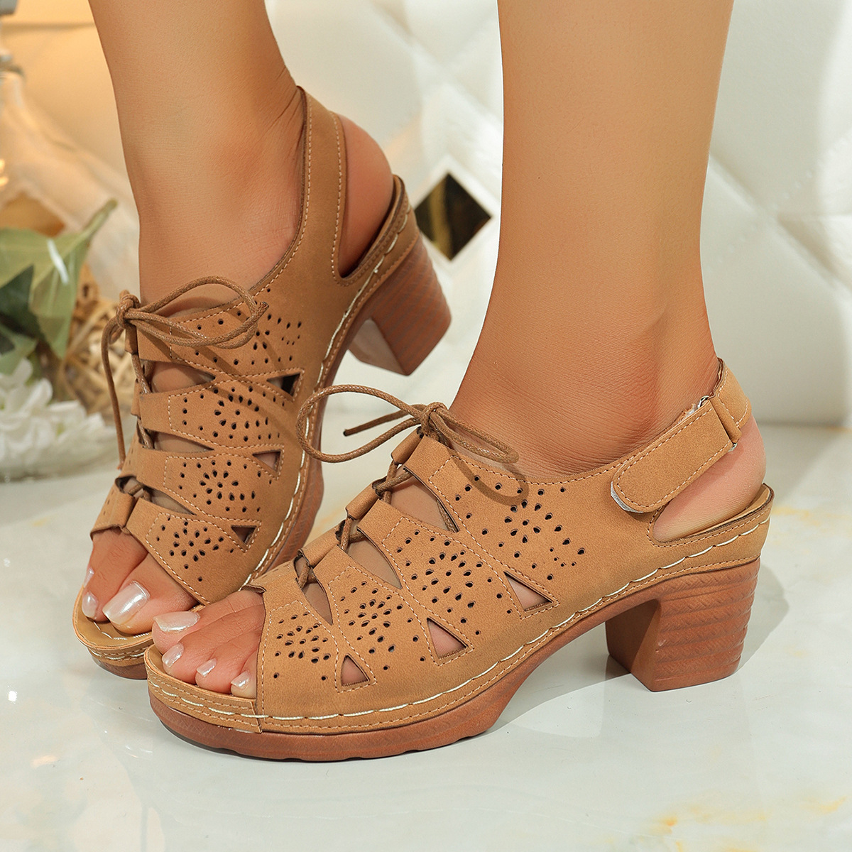 Summer New Style Velcro Hollow-out Lace-up Fashionable High-heeled Sandals For Women