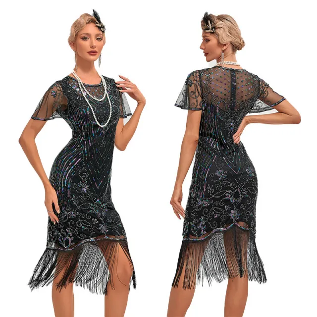 Womens Retro Party Sequin Tassel Dress Silver - Shop at LoveMi