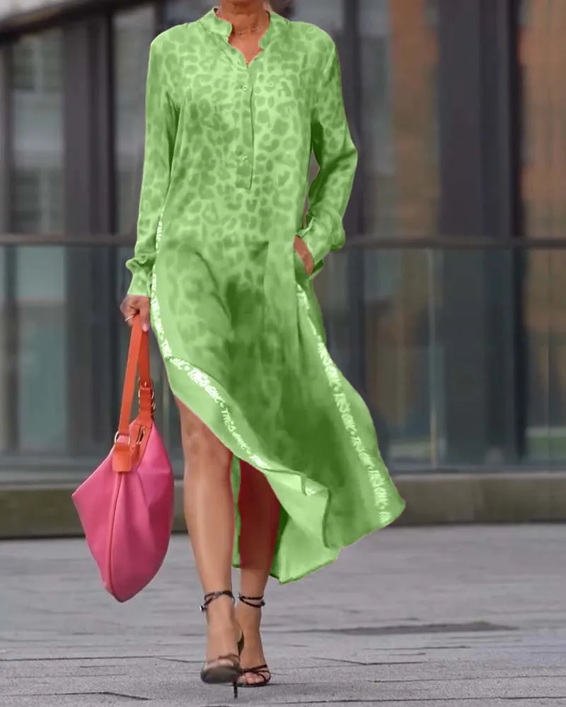 European And American Printed Long Sleeve V-neck Leopard Print Split Pocket Dress - Green
