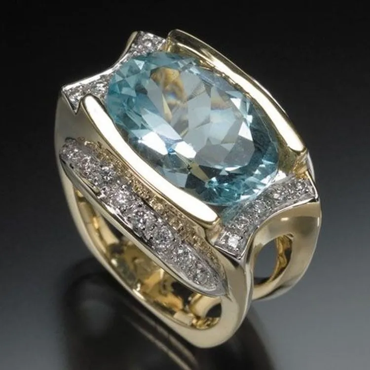 Light Blue Oval Zircon With Diamond Ring - Ajz2050