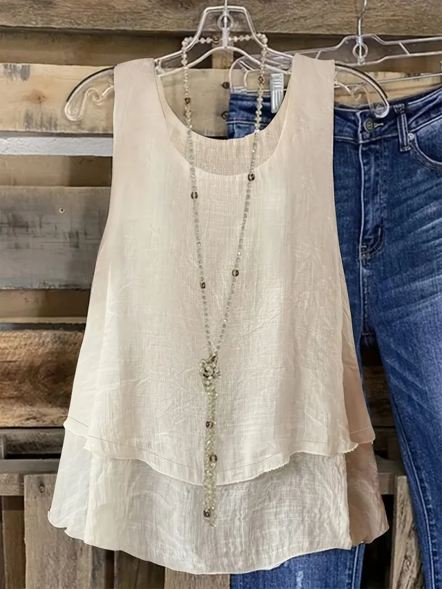 Womens Casual Solid Color Two Layer Tank Top Tan - Shop at LoveMi