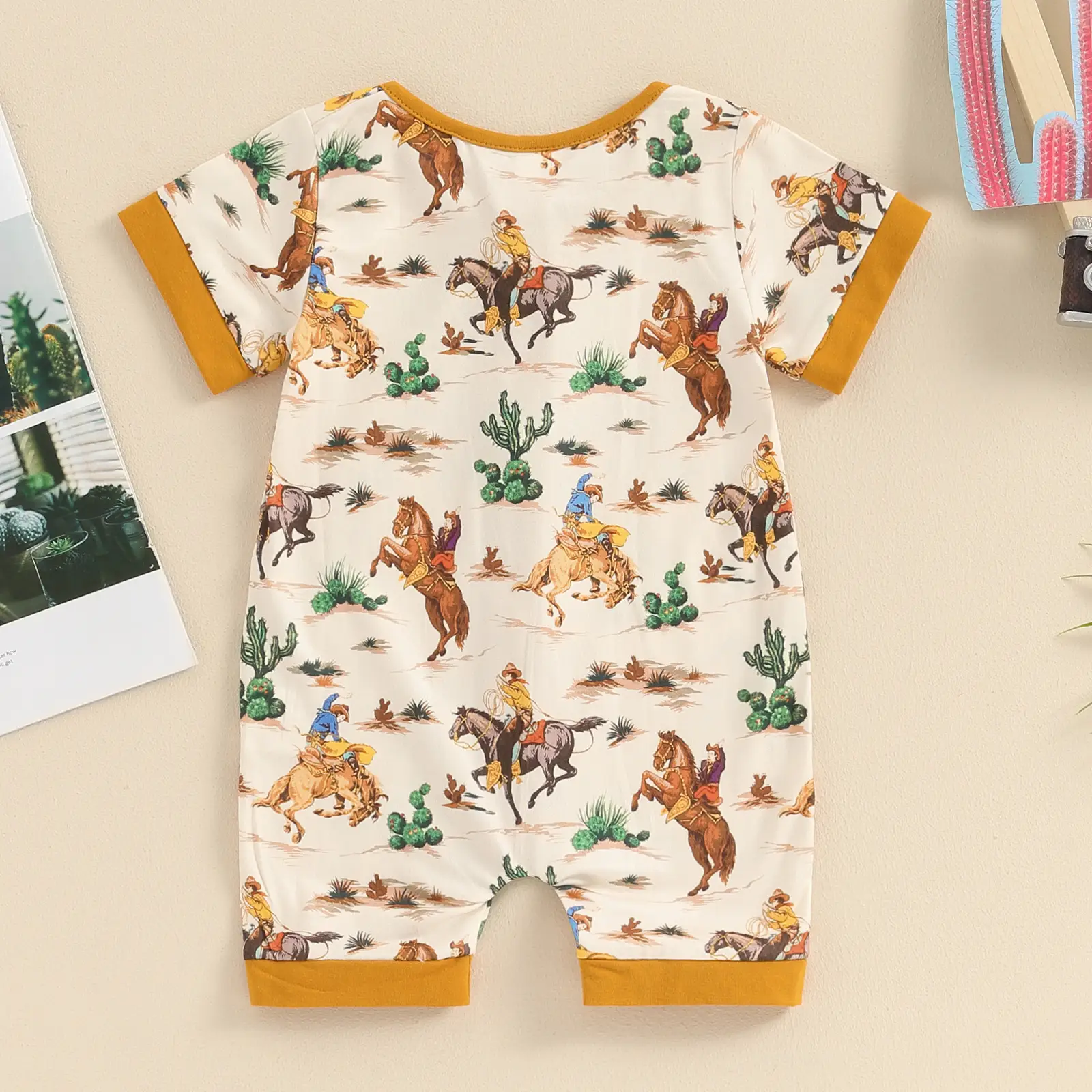 Printed Short-sleeve Onesie Newborn Round-neck Zip-up Romper