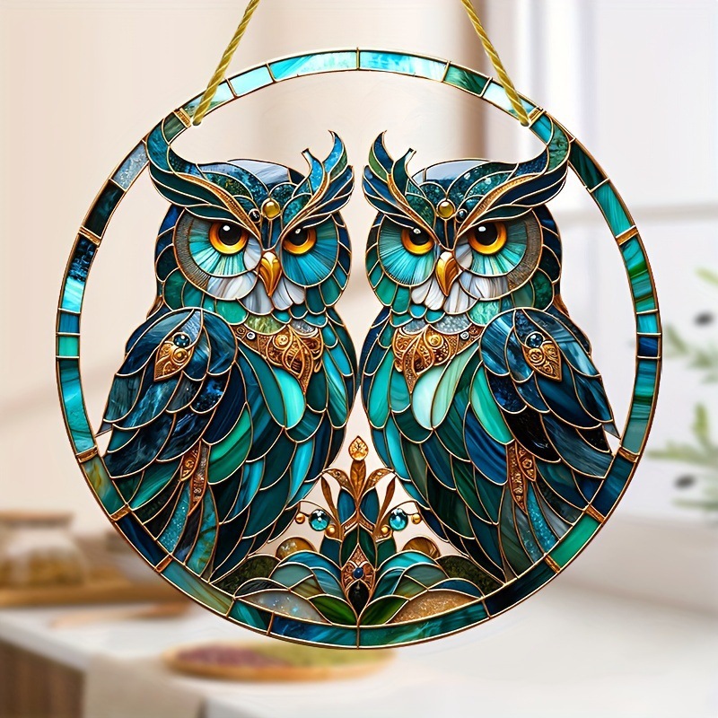 Title 5, Green Owl Tracery Sun Catcher Acrylic Flat Disc...