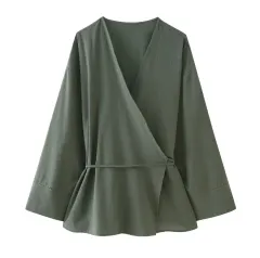 Casual Loose Tied Pajamas Trousers Suit - Army Green Coat - View 1