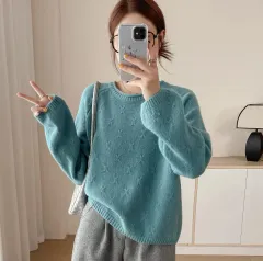 Women's Idle Style Soft Glutinous Sweater Loose Design Curling - Lake Blue - View 1