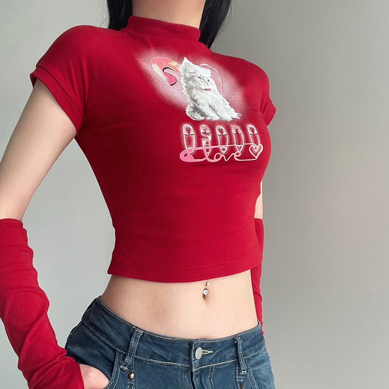 Cat Printing Cropped T-shirt Street Style