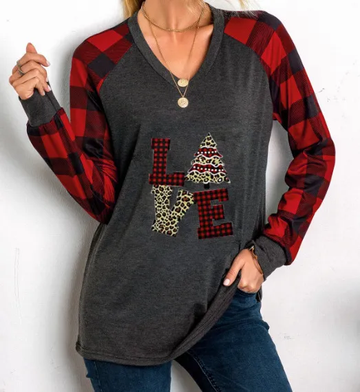 Christmas Printed Checkered V neck Long sleeved T shirt Stitching Red - Shop at LoveMi