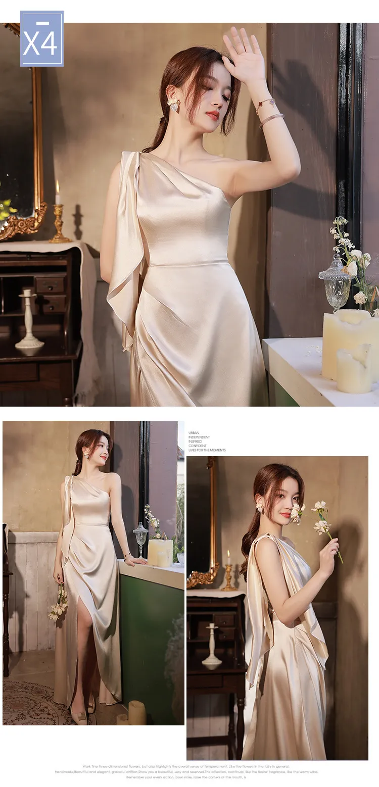 Simple And Light Luxury Satin Sisters Group Party Formal Dress - Champagne Color D Style