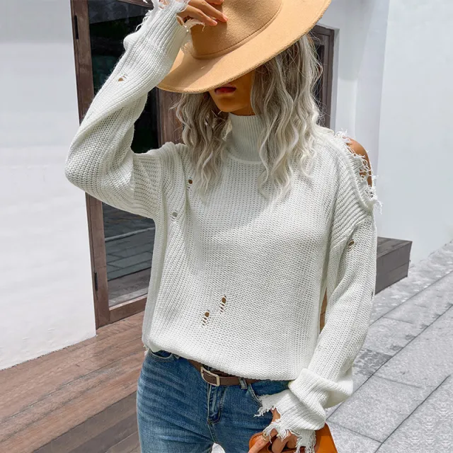 Fashion Women's Wear Shabby Long Sleeve White High Collar Sweater White - Shop at LoveMi