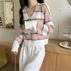 French Style Vintage Stripe Knitted Cardigan Outer Wear Short Sweater For Women - Pink - View 1