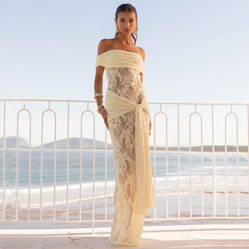 Sexy Sheer Mesh And Lace Off-Shoulder Dress For Women