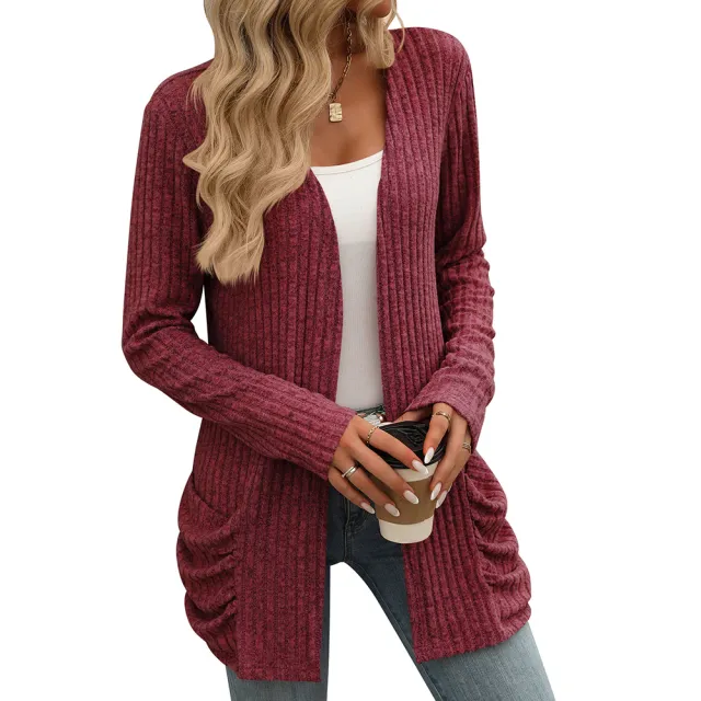 Solid Color Rib Fabric Brushed Pocket Cardigan Long Sleeve Coat Wine - Shop at LoveMi