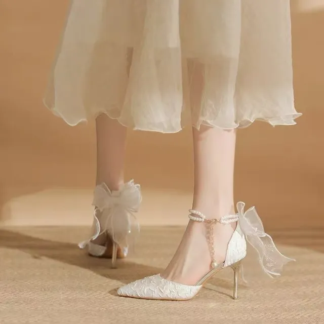 Back Bow Platform Pointed toe Stiletto Sandals Beige - Shop at LoveMi