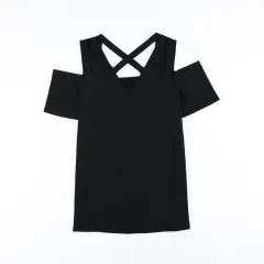 Summer New V-neck Solid Colour Hollow Out Loose Casual Top Women - Black - View 1