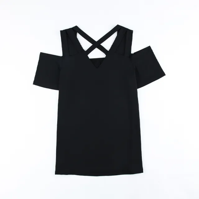 Summer New V neck Solid Color Hollow Out Loose Casual Top Women Black - Shop at LoveMi