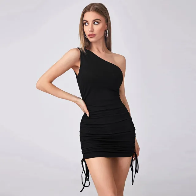 Off the shoulder Draped Tie waist Knitted Dress Black - Shop at LoveMi