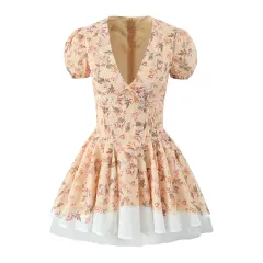 Sweet Slim Fit Pastoral Style Printed Mini Skirt French Deep V Cute Puff Sleeve - View 1