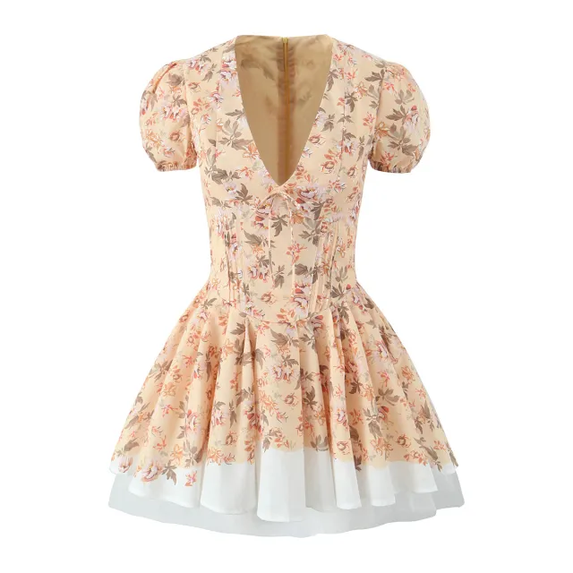 Sweet Slim Fit Pastoral Style Printed Mini Skirt French Deep V Cute Puff Sleeve - Shop at LoveMi