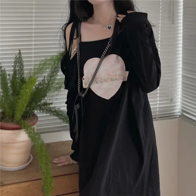 Early Autumn Japanese Style Heart Printing Top Laid back Long Sleeve Black - Shop at LoveMi