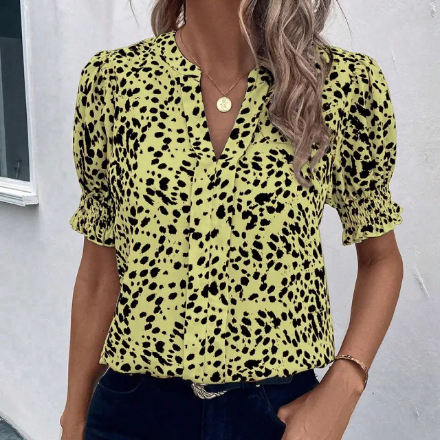 Women's Casual V Neck Printed Pleated Short Sleeve Chiffon Blouse Yellow And Black - Shop at LoveMi