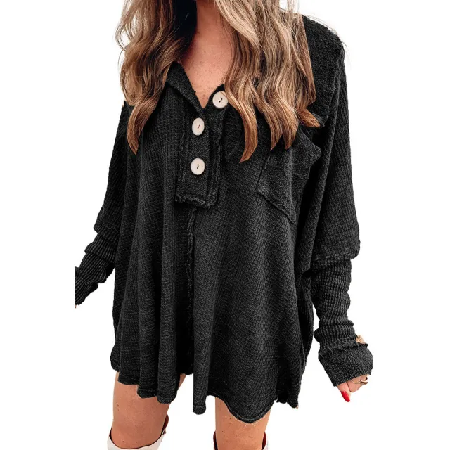 Women's Long sleeved Lapel Versatile Mid length T shirt Black - Shop at LoveMi
