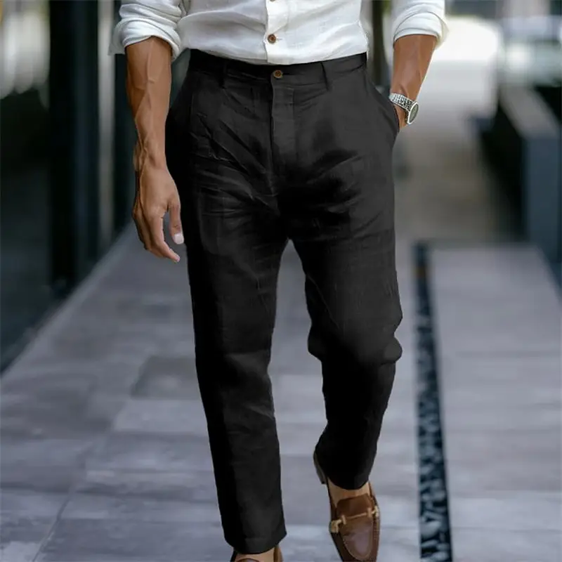 Men's Linen Trousers Solid Color Breathable Casual Pants Outdoor Clothing