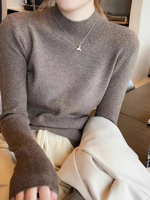 Women's Half Turtleneck Cashmere Bottoming Shirt High Elastic Sweater Mocha - Shop at LoveMi