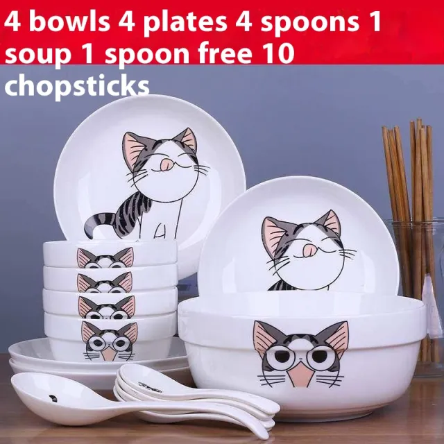 Household Ceramic Rice Bowl Plate Cat X24Pcs - Shop at LoveMi