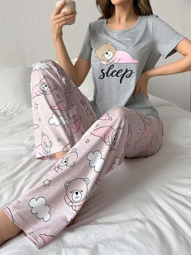 Home Round Neck Printed Short Sleeve T shirt Top And Trousers Suit Color 11 M - Shop at LoveMi
