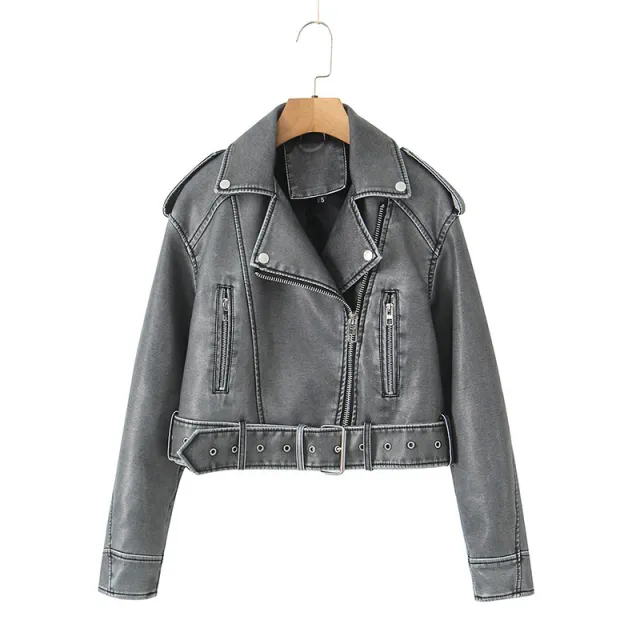 Retro Spring And Autumn Fashion New Versatile Leather Jacket Gray - Shop at LoveMi