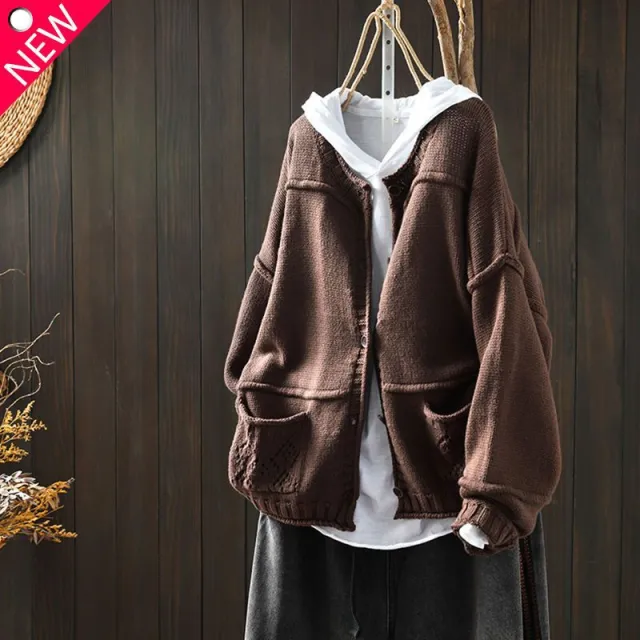 Women's Vintage Distressed Stitching Knitted Sweater Brown - Shop at LoveMi