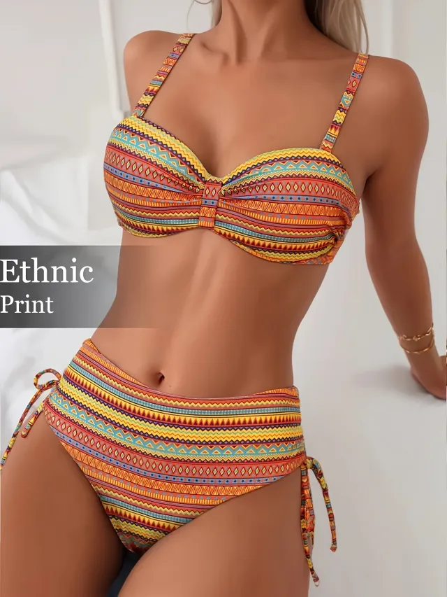 Printed Split Strap Bikini High Waist European And American Yellow Flower - Shop at LoveMi