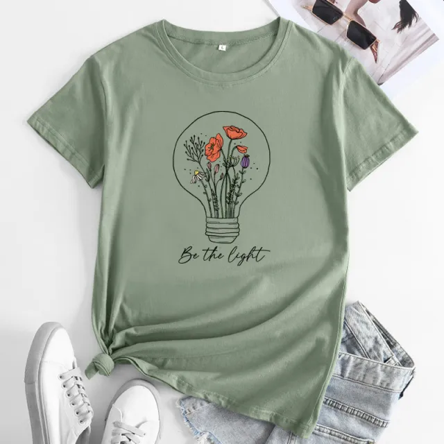 European And American Flower Light Letter Fashion Round Neck Short Sleeves T shirt Bean Green - Shop at LoveMi