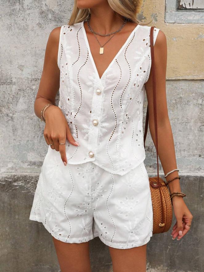 Solid Color Casual V-neck Vest Button Shorts Suit Women