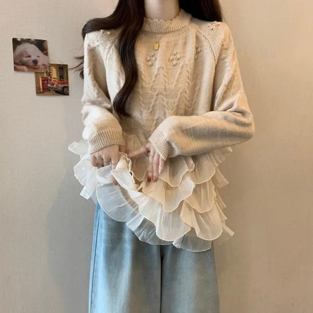 French Style Gentle Patchwork Round Neck Soft Glutinous Sweater Loose Slimming Flounce Top Khaki - Shop at LoveMi