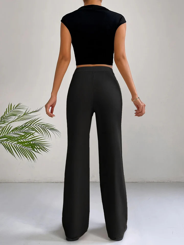 Women's high-waisted straight flare pants with stitching detail in black – elegant commute